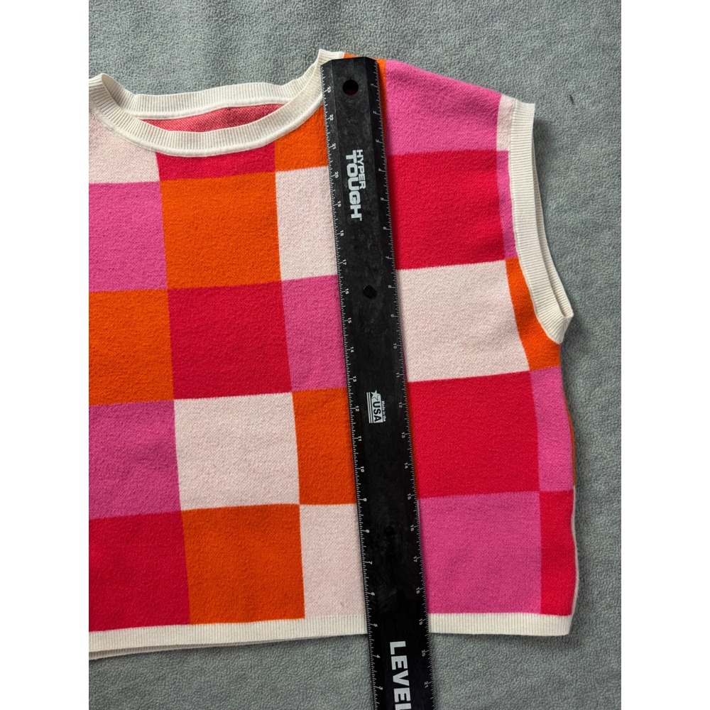Pink Orange Checkered Knit Sweater Vest Sleeveless Colorblock Crewneck Pullover - Picture 6 of 6